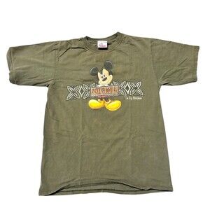 Vintage Disney Mickey Mouse Graphic T-Shirt Kids Large Olive Green Short Sleeve